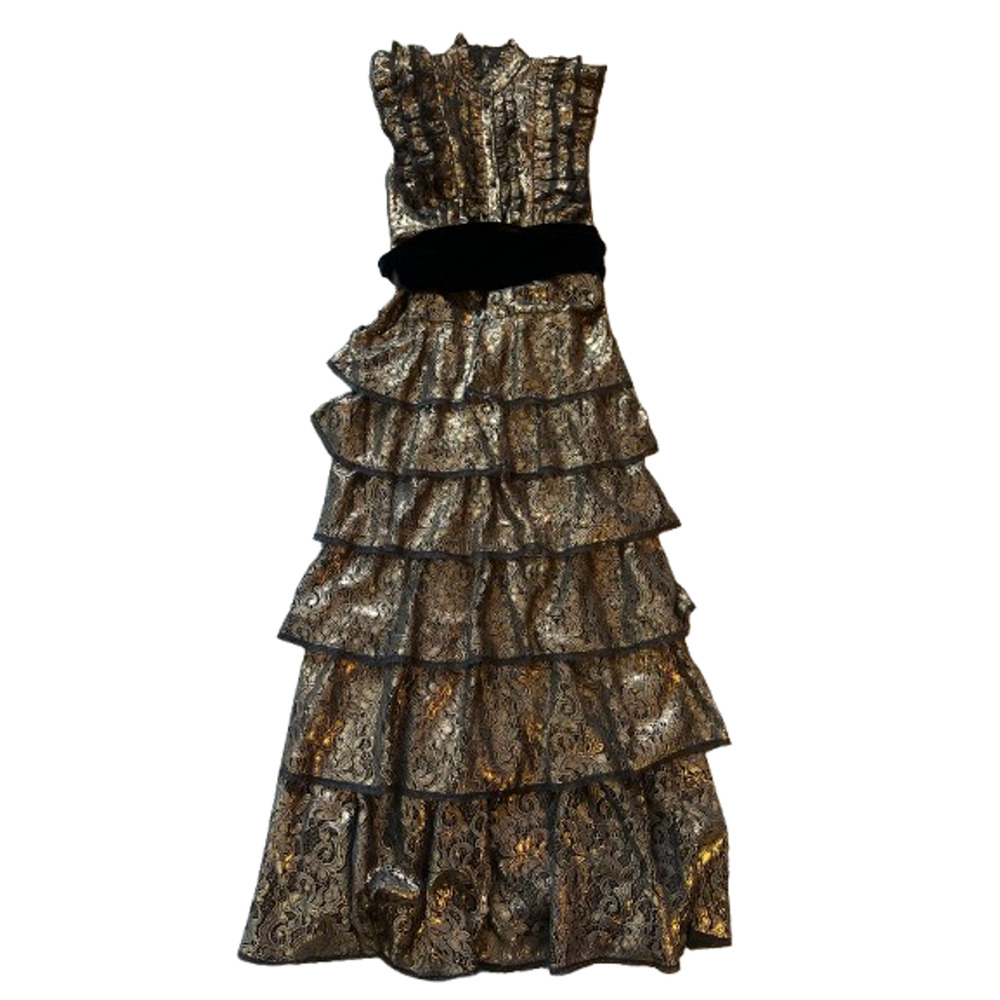 $1300 Alice + Olivia Tahara Gold Metallic Ruffle Sleeve Tiered Maxi Dress Gown S - Picture 7 of 13